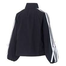 Adidas Women's Stand Collar Woven Jacket With Puff Sleeves Design, Casual Sportwear Top With Detachable Bow, Loose Fit Outerwear - Black/white - View 2