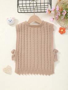 Girls' Round Neck Knitted Vest With Bow Design, Solid Color, Spring/Summer/Autumn - Khaki - View 7
