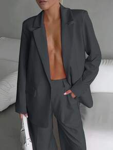 Women's Business Suit Two-Piece Set - Elegant Single Breasted Suit Paired With Slim Pants | Business Casual Office Suit And Daily Suit, Suits For Woman Set - 深灰色 - 查看 5