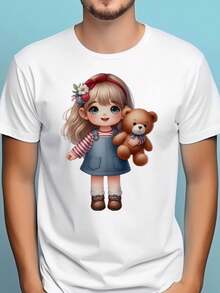 Adorable Girl Stuffed Teddy, T- Shirt For Men, Jesus Shirts, For A Day At The Beach Or By The Pool, Casual T-Shirt Graphic Tees, 100 Percent Cotton Shirts, White Street Graphic Tees, Men's T-Shirt, Funny Graphic Vintage T Shirts, S-XXXL - 白色-2 - 查看 2