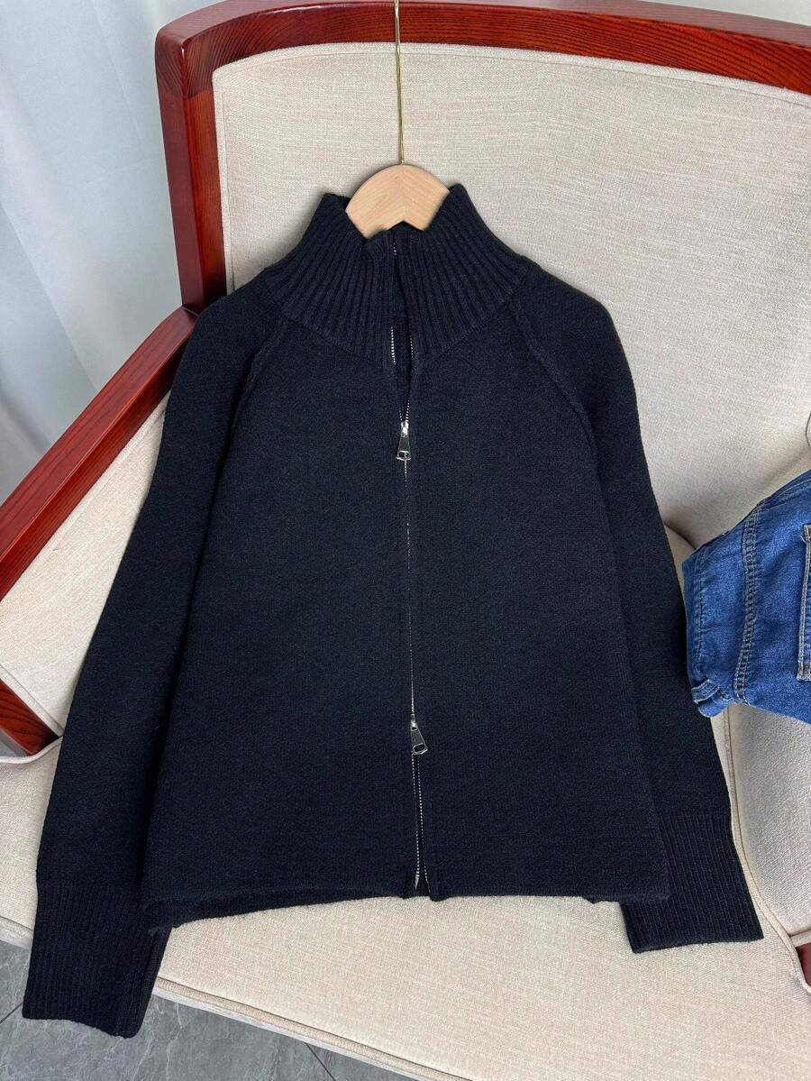 Cárdigan suelto de punto coreano Wixra, cuello alto, manga raglán, diseño de cremallera de doble vía, unicolor, estilo universitario, esencial para capas en otoño/invierno - Negro - Ver 1