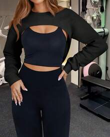 Womens Cropped Sweatshirt Shrug Long Sleeve Workout Gym Cover Up Bolero Y2K Super Crop Tops - 黑色 - 查看 3