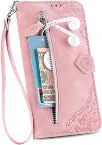 TopFunny Cases For  16 Pro Wallet Case For Women With Card Holder Retro Embossed Flower Zipper Wallet PU Leather Flip Cover With Detachable Lanyard For Apple  16 Pro 6.3" Pink - Vàng hồng - Xem 3