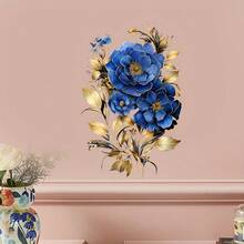ملصق حائط زهرة الخشخاش الأزرق والذهبي بمقاس 11.8 بوصة * 15.7 بوصة - قابل للإزالة من مادة PVC، مثالي لديكور غرفة المعيشة وغرفة النوم، ملصقات حائط، ديكور المنزل