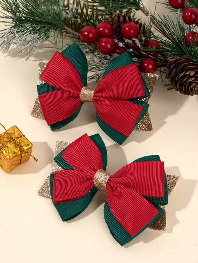 2 件圣诞蝴蝶结发夹罗纹鸭嘴夹撞色发夹适合女孩和儿童时尚可爱派对发夹