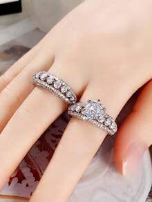 2 PC/Set Luxury Cubic Zirconia Ring For Women For Valentine's Day Gift Wedding Anniversary Party Jewelry