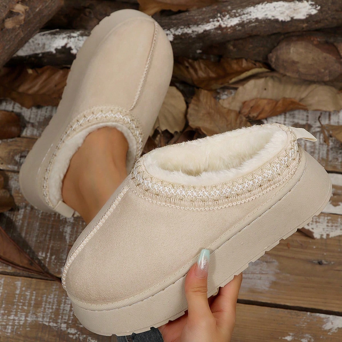 Pantuflas con plataforma de piel sintética para mujer, nuevas sandalias con cuña y forro térmico sintético para otoño/invierno, versátiles y de