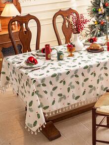 1pc Merry Christmas Rectangular Tablecloth, Green Pine Leaf & Pine Cone Print Pattern, Bamboo Texture, Washable, Suitable For Dining Table, Coffee Table, Nightstand, Cabinet Cover, Home Kitchen, Party, Christmas Decor, Holiday Gift, New Year Decoration - Green - View 12