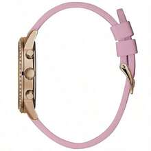 Guess Ceas de damă cu cuarț cu cadran roz și cristale multifuncționale, model solar, W1135L2, cu calendar lunar și săptămânal, accesorii pentru femei, potrivit pentru petreceri zilnice, decor vestimentar, cadou elegant pentru femei