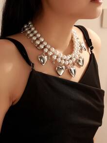 1pc Elegant Heart Pendant Pearl Necklace, Women's French Luxury Retro Chic Fashionable Choker Necklace For Evening Party, Vacation