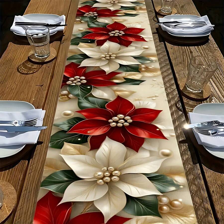 1pc Red Christmas Floral Table Runner With Poinsettia And Gold Accents - Dining Table Decor, Suitable For Kitchen, Outdoor Parties | Holiday Home Gift | Elegant Tabletop Accessory | Christmas Dining Table Decoration