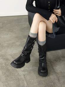 女式厚底复古喇叭腿及膝高筒马靴，秋季中筒靴，新款秋冬休闲中筒时尚靴 - 黑色 - 查看 4