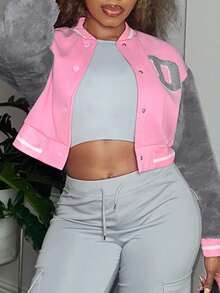 LovelyWholesale Giacca invernale da donna casual, con colletto da baseball, in stile teddy patchwork, a maniche lunghe, con bottoni a forma di lettera e righe