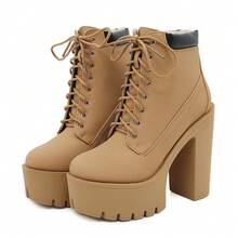 Gdgydh Fashion Spring Autumn High Heels Ankle Boots For Women Lace Up Thick Heel Platform Boots Yellow Women's Chunky Heeled Short Boots - Yellow - View 14