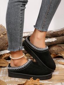 女士毛茸茸厚底拖鞋，秋冬新款仿保暖内衬一脚蹬坡跟蓬松雪地靴 - 黑色 - 查看 8