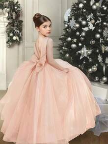 Tween Girl Elegant Faux Pearl Bow Tulle Dress, Suitable For Wedding, Prom, Birthday Party, Graduation, Summer - Champagne - View 1