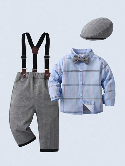 BOARNSEORL 2pcs Baby Boys Gentleman Outfit Set: Random Striped Shirt, Gray Suspender Pants With Hat And Bow Tie, Suitable For Christening, Birthday Party, Wedding, Formal Occasion