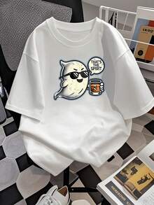 Esta es la camiseta Ghost, una divertida camiseta para mujer con un sofisticado diseño de fantasma. Cómoda, elegante y perfecta para un look casual. Disponible en una variedad de tallas y colores: ¡una forma divertida de celebrar la vida! Extragrande. - Blanco - Ver 2