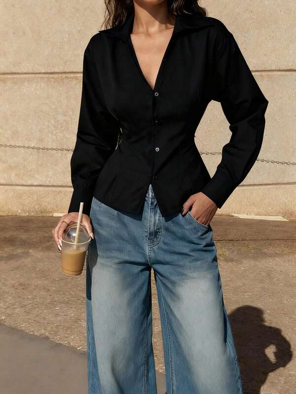 JZXFS Fall Women Clothes Casual Office Simple Solid Color Tight Long Sleeve Shirt