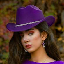 Cowboy Hat Cowgirl Boots Earrings Set Western Earring Felt Fedora Jazz Hat Rodeo Outfit Women Size - Màu tím - Xem 7