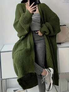 大码女式 V 领口袋罗纹针织长袖开衫 - 薄荷綠 - 查看 5