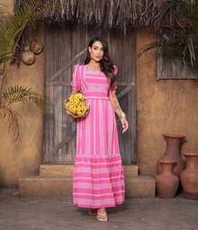 Elegante Vestido Casual Longo Feminino Estampado Com Mangas Elegantes, Elástico na costa Bojo, Forro Confortável - Pink - Visão 4