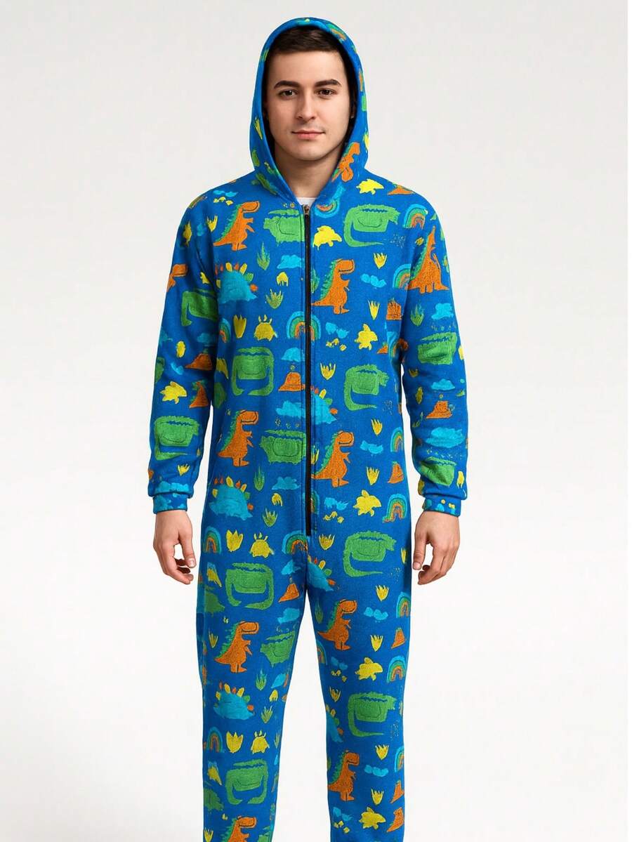 Pijama Mameluco de Una Pieza Estampado de Felpa Suave para Adulto con Cierre Kigurumi para Hombre - Azul - Ver 1