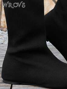 WRCVS 女士性感圆头过膝长靴，保暖派对弹力针织面料透气纯色过膝长靴，冬季厚底过膝长靴 - 黑色 - 查看 6