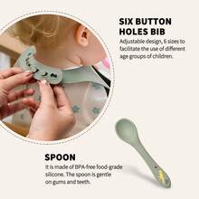 5件套婴儿硅胶餐具套装，包括1个盘子，1个碗，1个杯子，1个勺子，1个围兜，带有可爱图案，培养自主进食技能，可用洗碗机清洗，适合6个月及以上婴儿，可调节围兜，吸盘碗，软勺，防滑，食物储存，喂食训练晚餐套装 - 彩色 - 查看 9