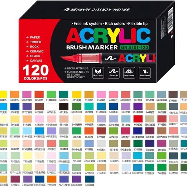 12/24/36/48/60/72/120/168-Color Acrylic Paint Marker Set, Direct Liquid Ink, Soft Brush Tip Art Painting Pens, Suitable For Fabric, Canvas, Rock, Glass, Wood, Paper, DIY Crafts, School And Art Supplies.