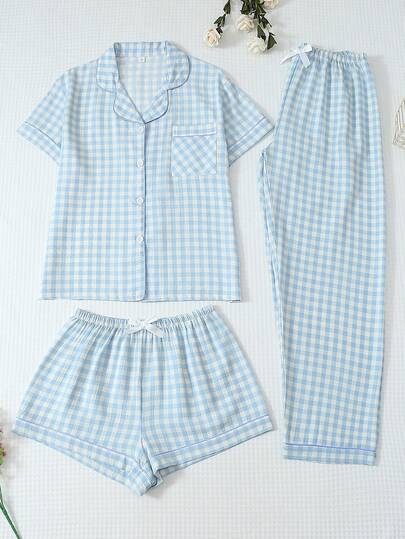 【优雅田园】女士格子印花三件套纽扣领短袖上衣和短裤睡衣套装，适合居家穿着，春夏款