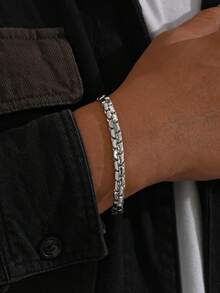 1pc Stainless Steel Carved Diamond Pattern Bracelet, Essential Accessory For Men's Music Festival And Fashionable Street Style - Silver - View 1