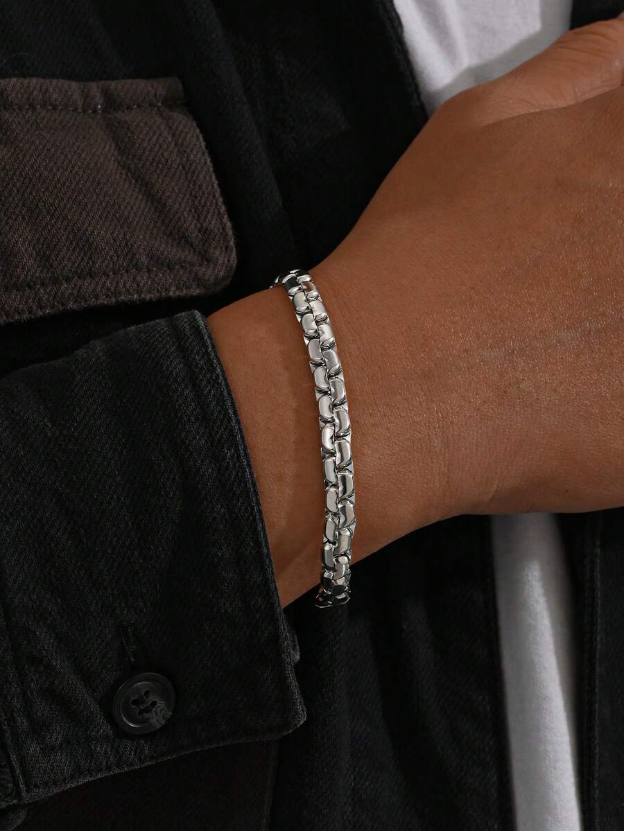 1pc Stainless Steel Carved Diamond Pattern Bracelet, Essential Accessory For Men's Music Festival And Fashionable Street Style - Silver - View 1