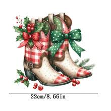 1 pièce/2 pièces/3 pièces Autocollants de transfert de chaleur en feuille d'aluminium de bottes de cowboy occidental, avec motif à carreaux rouges et verts, boucle et nœud marrons - Décalcomanies de presse à chaud DTF pour t-shirts, jeans, sacs, oreillers, artisanat textile - Décoration de Noël thème western à motif à carreaux avec boucle dorée et nœud rouge, couleurs de vêtements vibrantes
