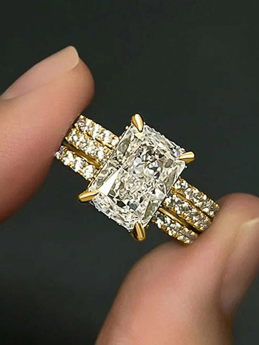 Un conjunto de 3 piezas de anillos de mujer con circonita cúbica clásica, regalos del Día de San Valentín y joyería para fiestas de aniversario de bodas