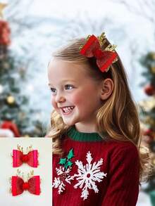 2pcs Christmas Deer Antler Bow Pom Pom Hair Clips, Children Christmas Holiday Costume Hair Accessories, Glitter Duck Clip, Suitable For Daily Outfit And Gift Matching