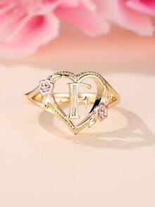 Tsnamer 1枚精美立方氧化锆金色字母心形戒指，26个字母A-Z可定制姓名花朵图案，可调节开口手镯式戒指，适合女性和女孩日常佩戴，生日珠宝礼物 - 金黃色花朵 - 查看 23
