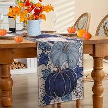 1 Thanksgiving Linen Table Runner - Blue And White Pumpkin Maple Leaf Design, Autumn Harvest Decoration Suitable For Farmhouse Restaurant Family Party, Multiple Sizes Available, Thanksgiving Table Decoration, Chinese Restaurant Style