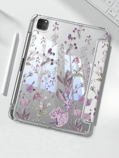 这款精美可爱的卡通紫色花卉双面亚克力水晶透明后盖，防震耐用，适用于iPad第7代、第8代（10.2英寸）和第10代。它内置笔槽，支持睡眠/唤醒功能，并有多种折叠支架模式。是万圣节和新年送礼的绝佳选择。