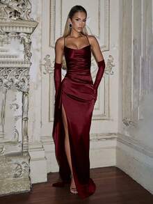 Elegancka, seksowna satynowa sukienka imprezowa z falbanką w talii, sukienka dla druhny, suknia wieczorowa