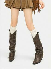 Retro Women's Knee High Boots Ruched Wide Calf Rivets Detail Pull On Slouchy Boots Party Dressy Occasions Long Booties - 棕色 - 查看 4