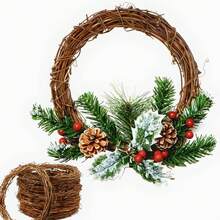 2 pièces Couronne en rotin, couronne circulaire, structure multicouche robuste, convient pour les décorations faites main pour Noël, mariages, anniversaires, etc., avec une texture de grain de bois naturel - Couronne réutilisable d'intérieur/extérieur Décoration de maison Décorations de Noël Décoration de pièce Hiver