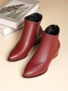 Teens' Fashion Pointed Toe Chunky Heel Burgundy Short Boots, PU Leather 2025 New School Uniform Boots, Side Zipper Design Classic Burgundy Girl's Ankle Boots, Suitable For Commuting And Any Formal Occasion