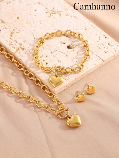 Camhanno 4 Set Of Gorgeous And Fashionable Stainless Steel Heart-Shaped Element Jewelry Set (Necklace+Bracelet+Earrings), With A And Exquisite Style, Suitable For Dates, Parties And Gatherings, And Is A Daily Outfit And Party Gift For Special Occasions