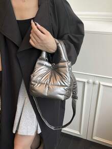 新款女士棉质小手提包，时尚简约隔层棉质羽绒包，手提桶包，百搭单肩斜挎包 - 彩色 - 查看 4