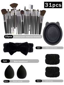 45合1彩妆护肤套装，25支化妆刷+20件化妆工具，护肤工具旅行包礼盒套装，女士/日常使用，专业化妆刷套装包含25支化妆刷（粉底刷、散粉刷、腮红刷、高光刷、眼影刷、眼线刷、轮廓刷、细头刷）、4个化妆海绵、4个三角化妆海绵、4个迷你粉扑、4个迷你化妆海绵、1个化妆刷清洁碗、3个发圈套装，完整化妆刷套装，全套化妆刷，化妆刷套装，完整化妆工具包，赠品，专业化妆刷，完整化妆套装 - 黑色 - 查看 17