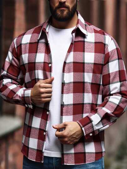 Men's Brushed Plaid Long Sleeve Casual Shirt, Red & White, Autumn/Winter