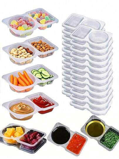 1/10/20 件便携式双隔层调味品容器 - 可重复使用的塑料酱料和蘸酱托盘、带盖多功能蘸酱杯、沙拉酱外带容器、双隔层调味盒、双隔层零食外带酱料容器、返校季、万圣节、旅行零食和酱料、海滩零食、圣诞节、万圣节、母亲节、美国独立日、派对、生日派对、聚会