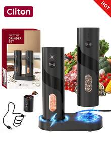 CLITON Molinillo Eléctrico de Sal y Pimienta, 3 Opciones: Recargable Individual / Recargable de 2 Piezas / Juego de Base Recargable, Batería Integrada de 300mAh, Carga USB, Molienda Automática con Una Mano con Luz LED, Accesorio de Cocina para Vacaciones - Multicolor - Ver 2