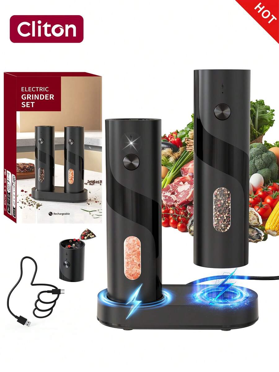 CLITON Molinillo Eléctrico de Sal y Pimienta, 3 Opciones: Recargable Individual / Recargable de 2 Piezas / Juego de Base Recargable, Batería Integrada de 300mAh, Carga USB, Molienda Automática con Una Mano con Luz LED, Accesorio de Cocina para Vacaciones
